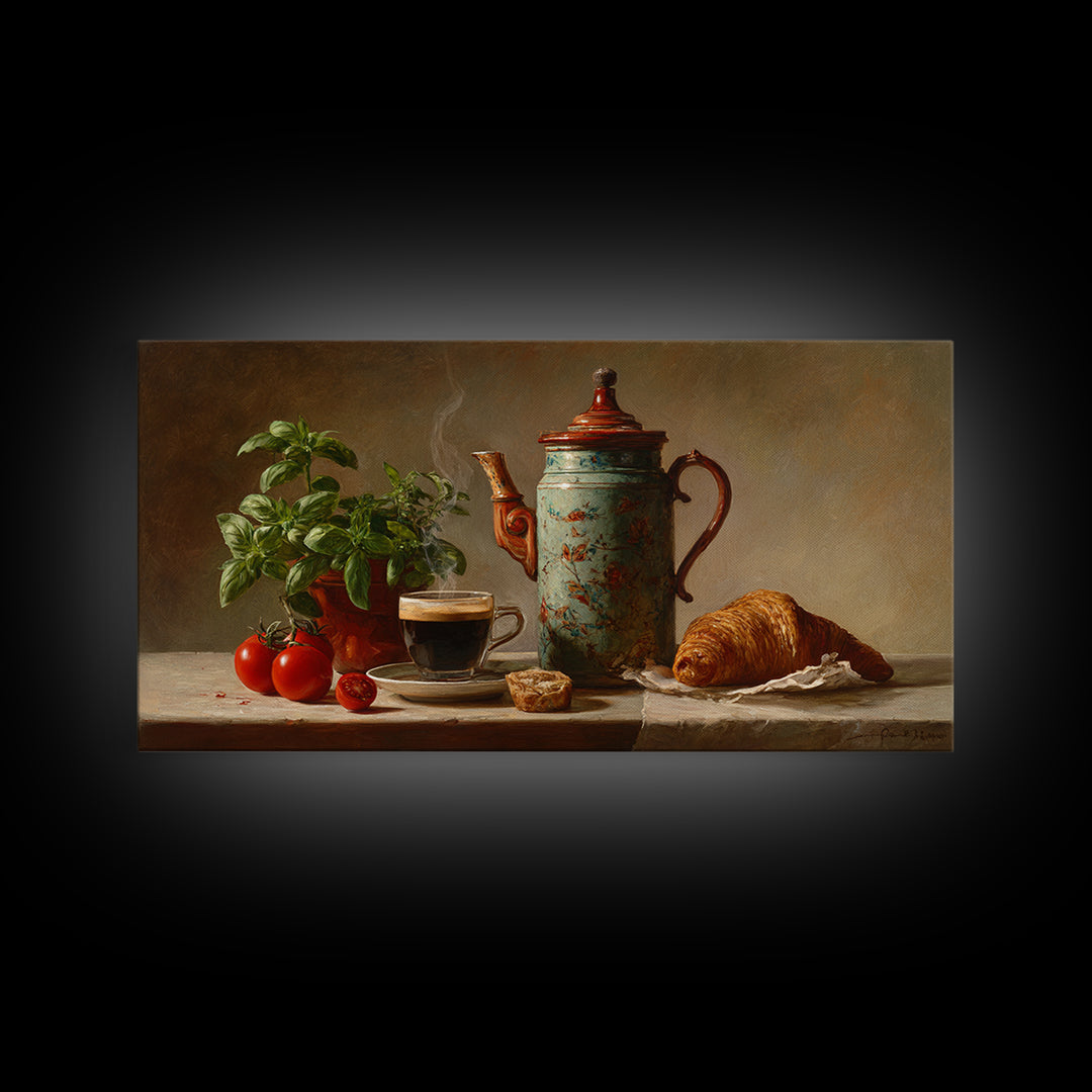 Coffee Pot and Croissant Morning Still Life Framed Canvas Print, Kitchen Art, Fine Art Print, Kitchen Decor, Oil Painting, KIT-2x1-27