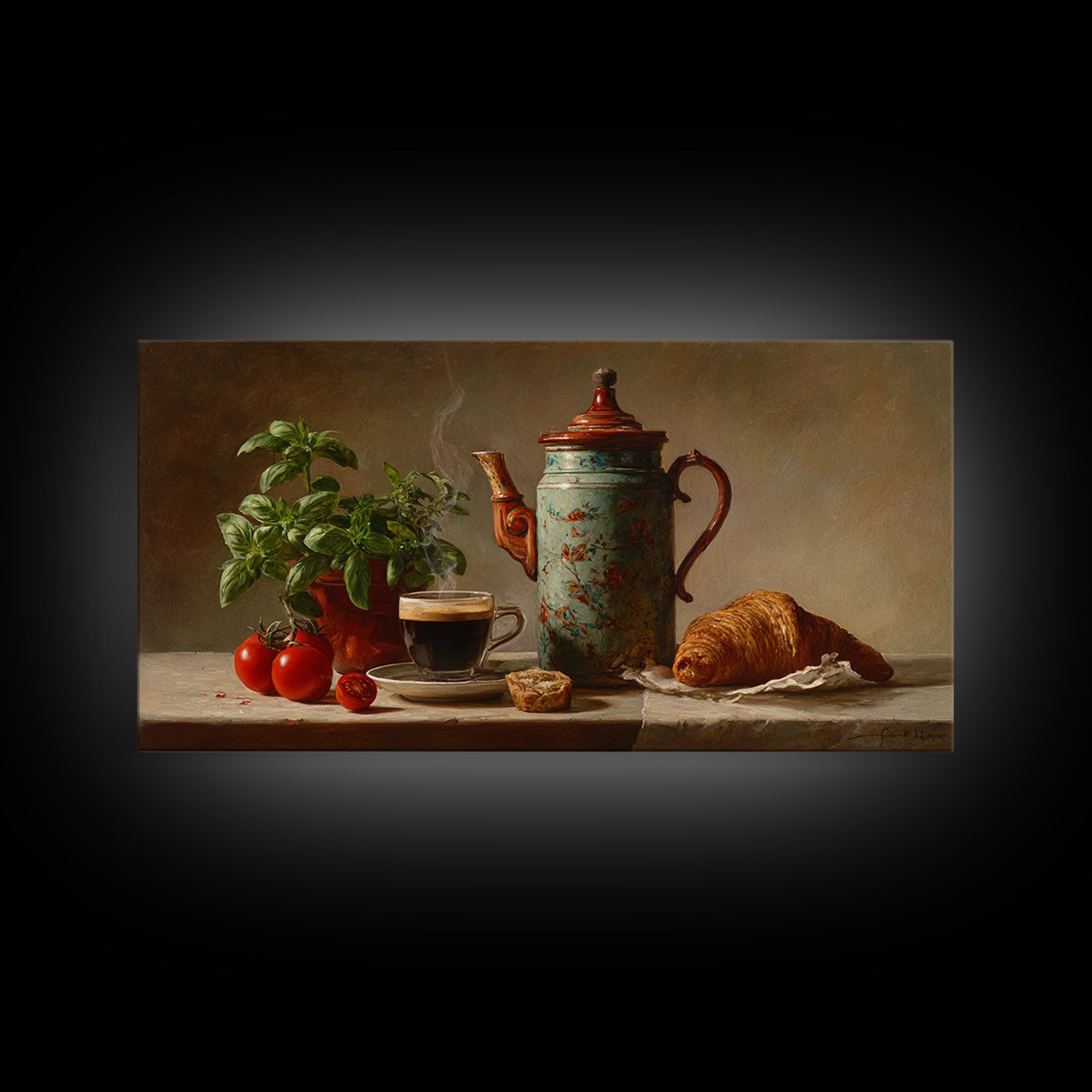 Coffee Pot and Croissant Morning Still Life Framed Canvas Print, Kitchen Art, Fine Art Print, Kitchen Decor, Oil Painting, KIT-2x1-27
