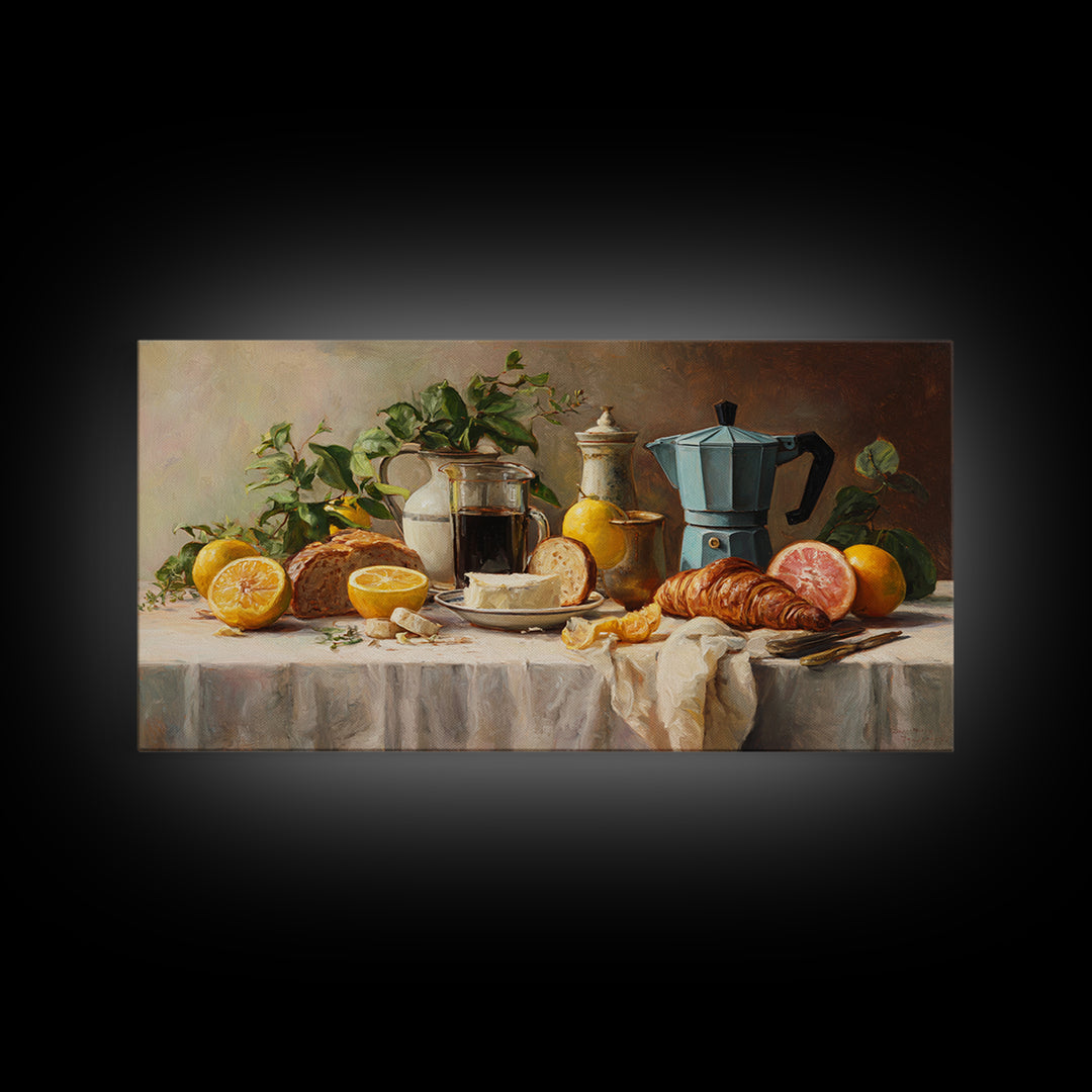 Coffee Pot and Croissant Morning Still Life Framed Canvas Print, Kitchen Art, Art Deco, Kitchen Decor, Fine Art, Kitchen, KIT-2x1-3