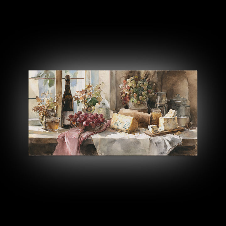 Wine Bottle Grapes and Cheese Still Life Canvas Print, Kitchen Art, Contemporary Art, Kitchen Decor, Oil Painting, Kitchen, KIT-2x1-32