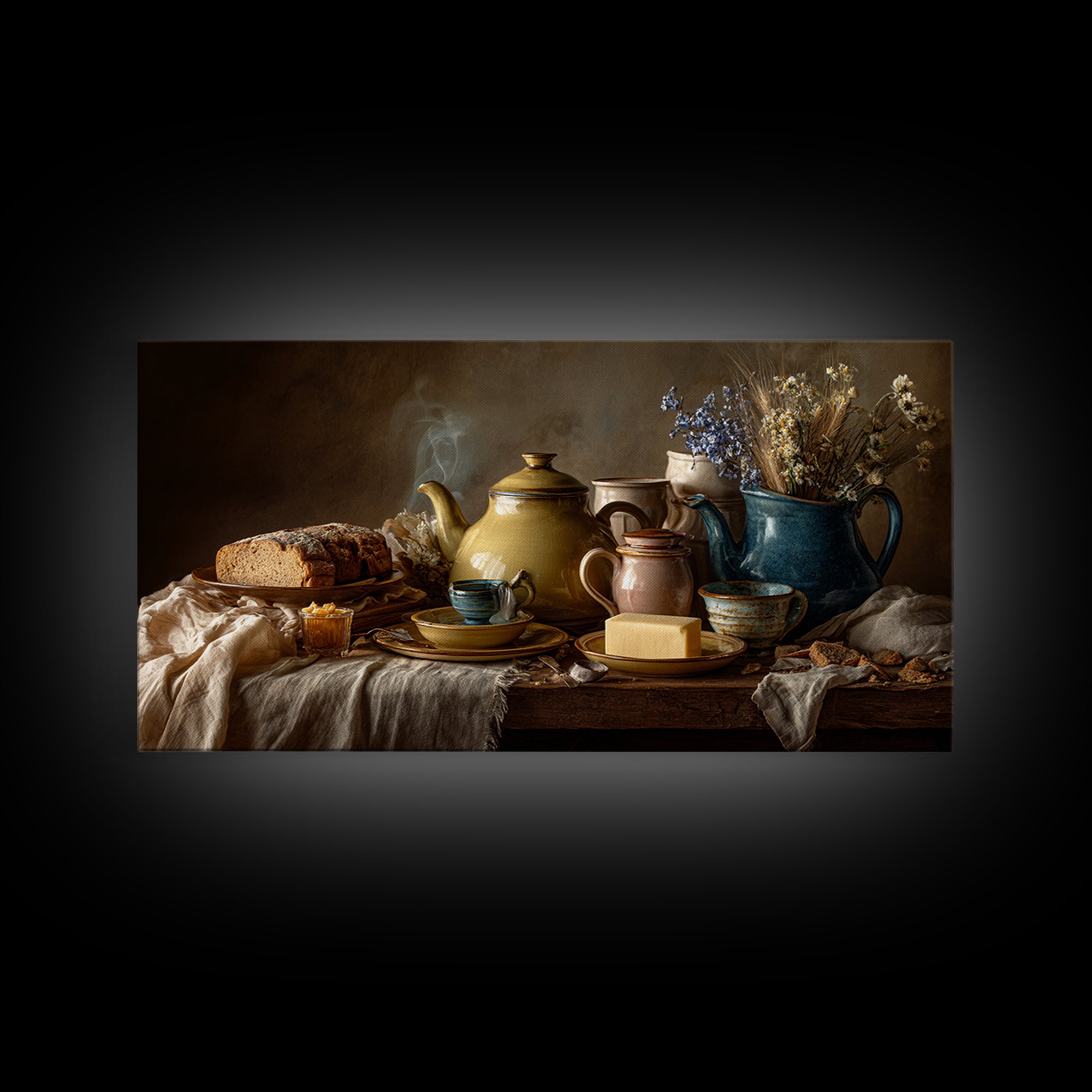 Tea Kettle with Steam and Wildflowers Framed Canvas Print, Kitchen Art, Art Print, Kitchen Decor, Watercolor Art, Kitchen, KIT-2x1-34