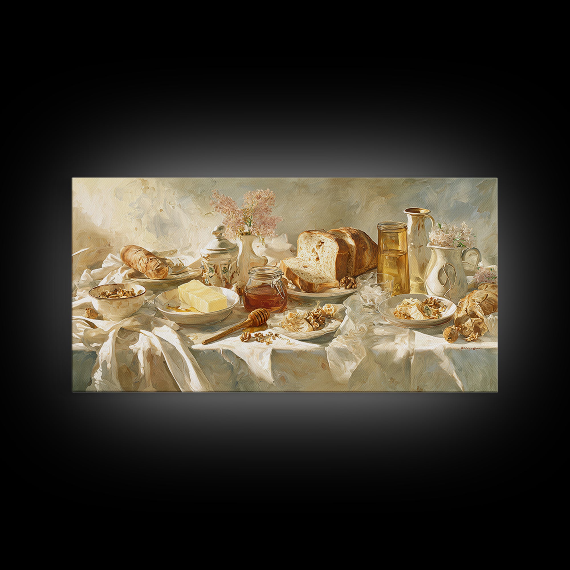 Fresh Bread with Butter and Honey Framed Canvas Print, Kitchen Art, Fine Art Print, Kitchen Decor, Watercolor Art, Kitchen, KIT-2x1-38