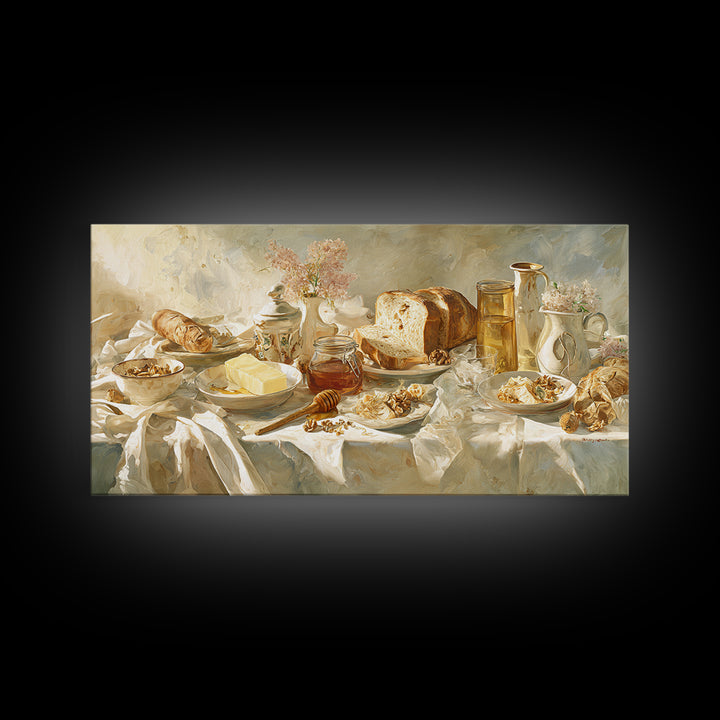 Fresh Bread with Butter and Honey Framed Canvas Print, Kitchen Art, Fine Art Print, Kitchen Decor, Watercolor Art, Kitchen, KIT-2x1-38
