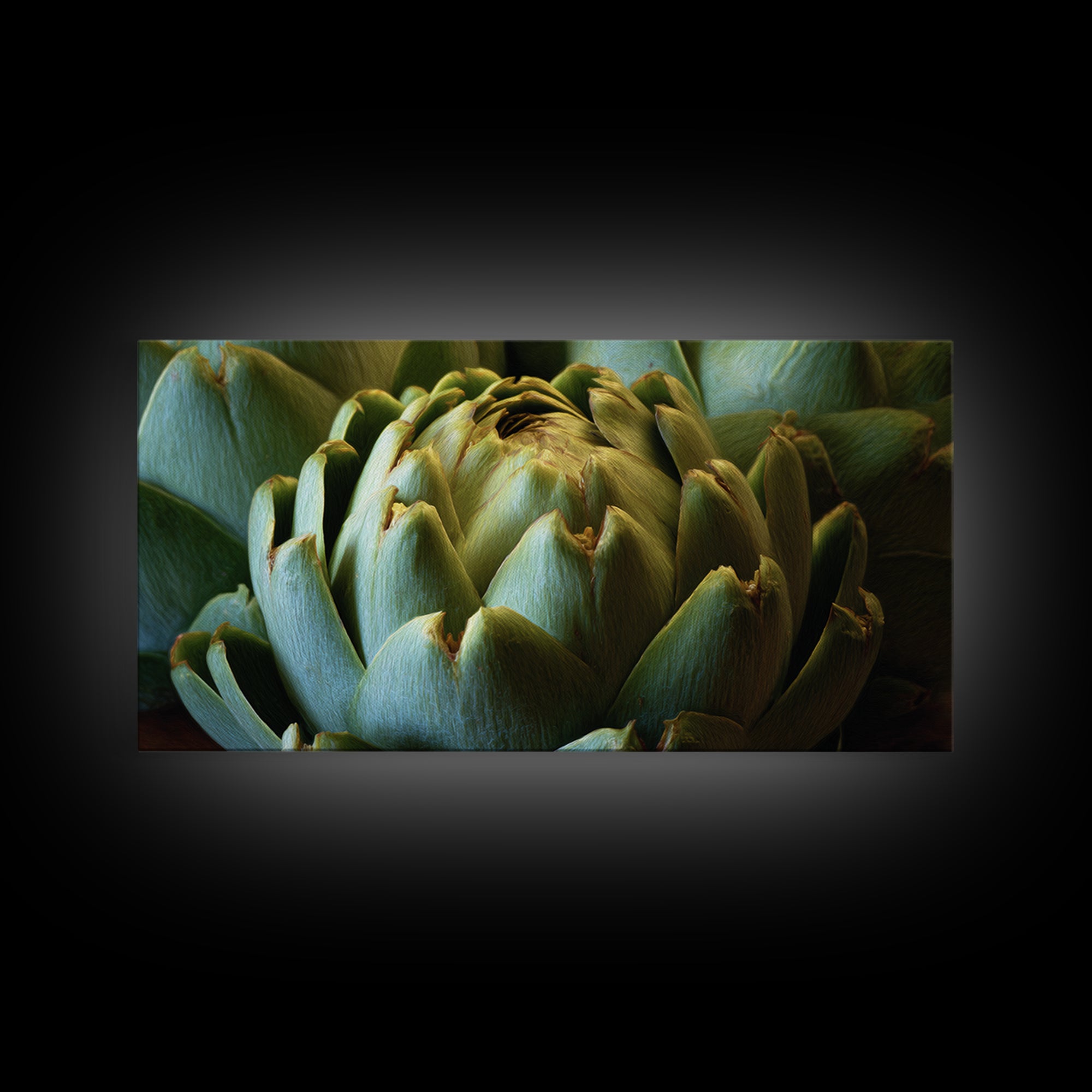 Artichoke Closeup in Painterly Green Tones Framed Canvas Print, Kitchen Art, Home Decor, Kitchen Decor, Fine Art, Kitchen, KIT-2x1-40