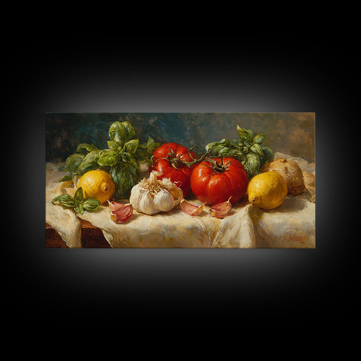 Tomatoes Garlic and Basil on Linen Canvas Print, Kitchen Art, Kitchen Decor, Abstract Art, Kitchen, Trendy Wall Art, KIT-2x1-47