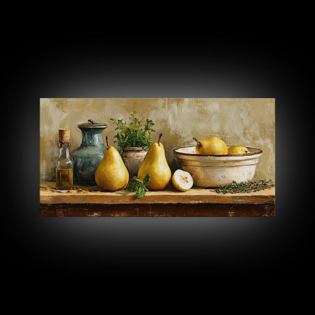 Farmhouse Pears on a Wooden Board Canvas Print, Kitchen Art, Digital Art, Kitchen Decor, Oil Painting, Kitchen, KIT-2x1-53