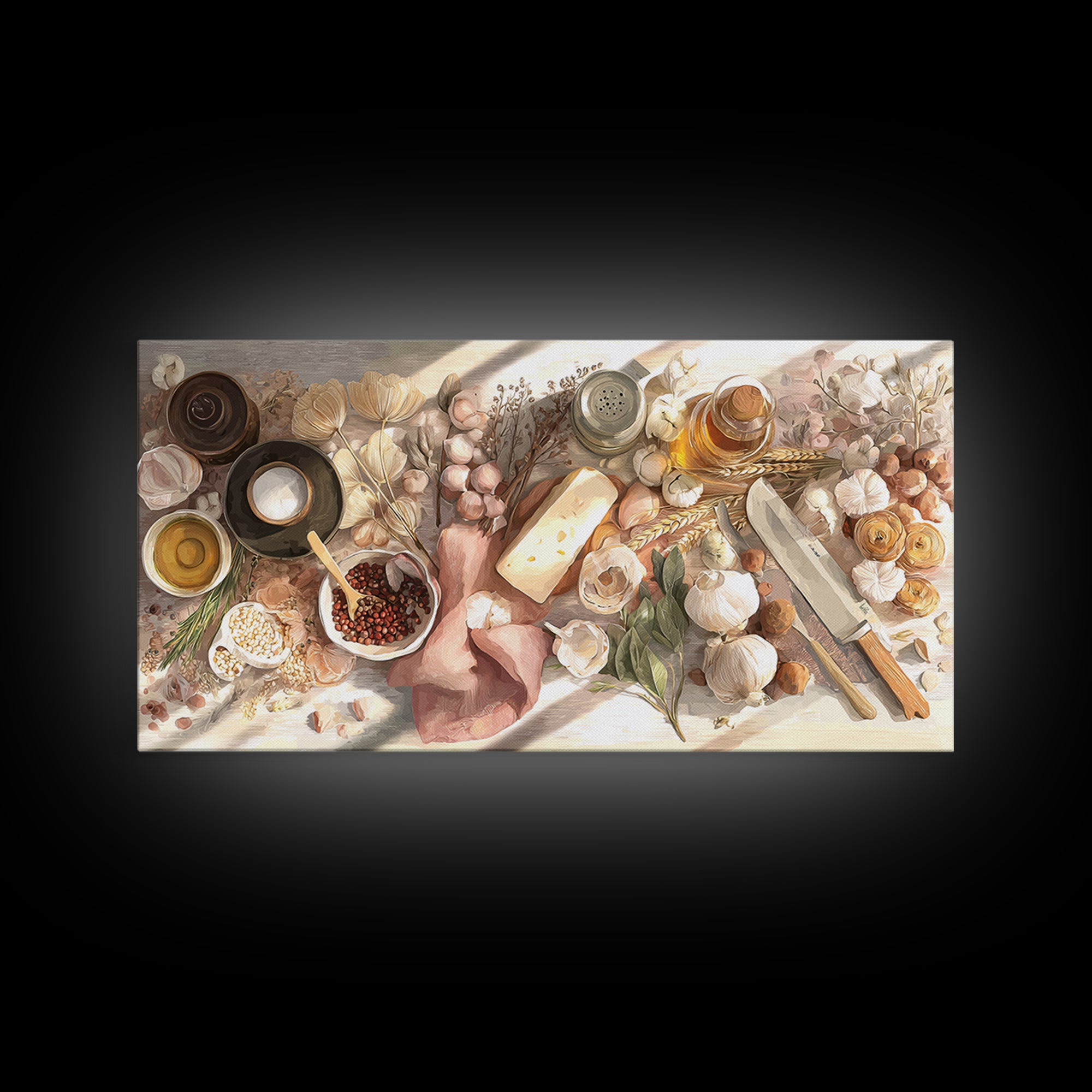 Chef Knives and Herbs Arranged as Graphic Canvas Print, Kitchen Art, Contemporary Art, Kitchen Decor, Fine Art, Kitchen, KIT-2x1-54