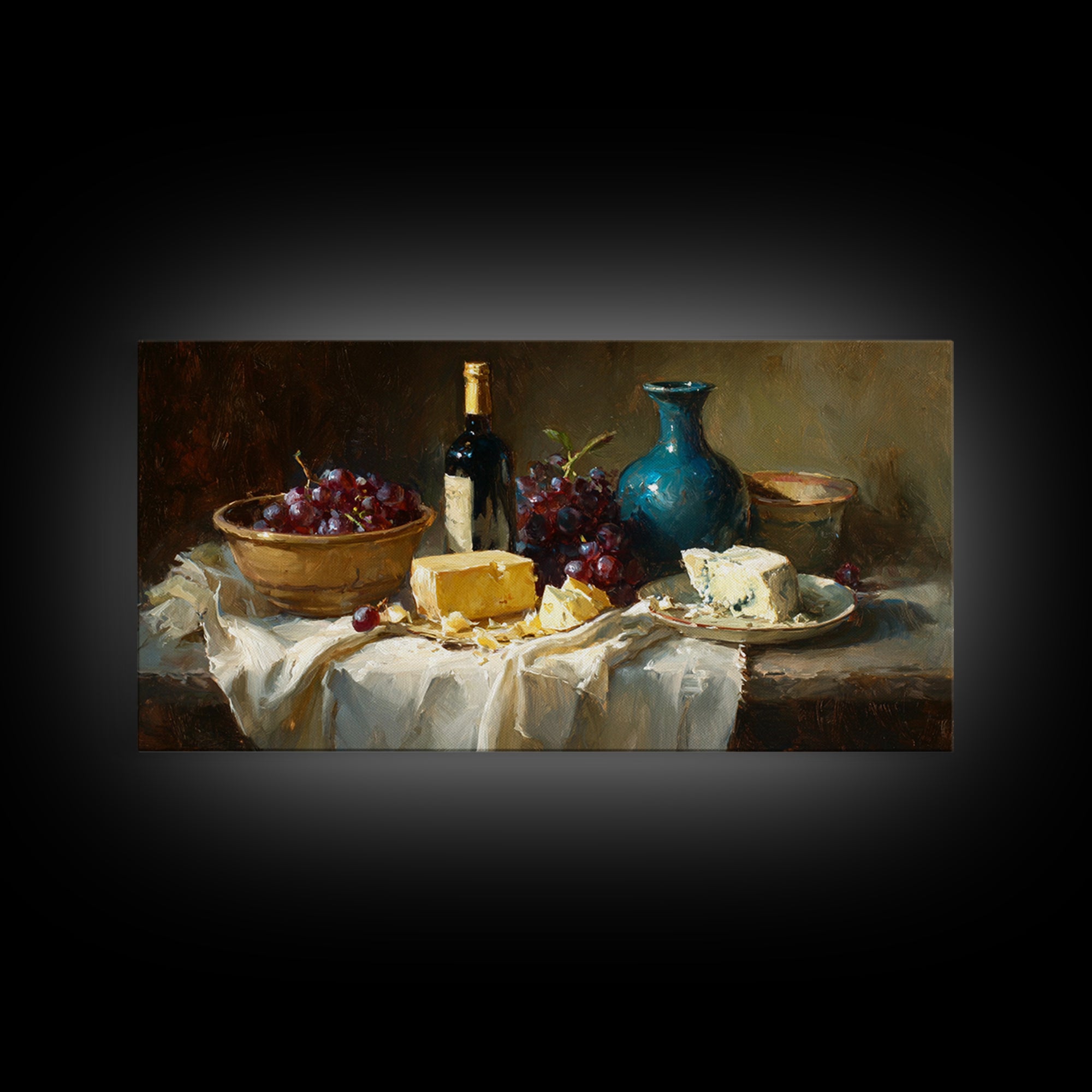 Wine Bottle Grapes and Cheese Still Life Framed Canvas Print, Kitchen Art, Prints, Kitchen Decor, Kitchen, Kitchen Wall Decor, KIT-2x1-56