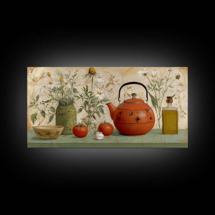 Tea Kettle with Steam and Wildflowers Canvas Print, Kitchen Art, Wall Art, Kitchen Decor, Watercolor Art, Kitchen, KIT-2x1-58