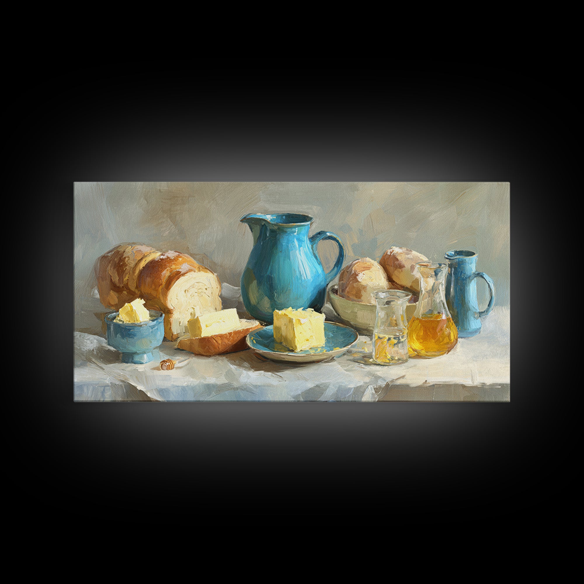 Fresh Bread with Butter and Honey Canvas Print, Kitchen Art, Room Decor, Kitchen Decor, Oil Painting, Kitchen, Digital Art, KIT-2x1-62
