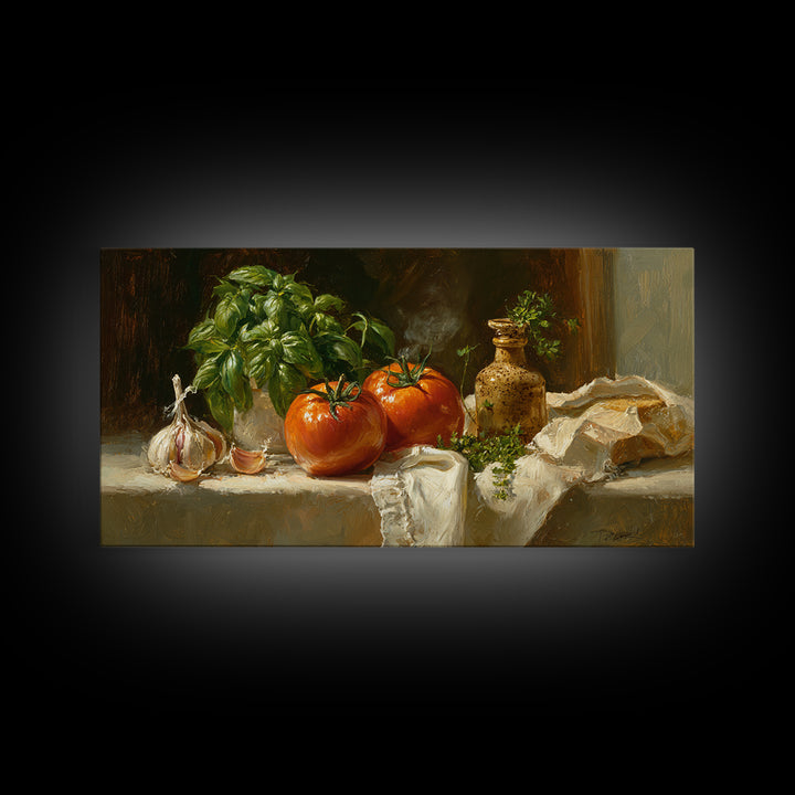 Tomatoes Garlic and Basil on Linen Canvas Print, Kitchen Art, Poster Art, Kitchen Decor, Fine Art, Kitchen, Boho Decor, KIT-2x1-71
