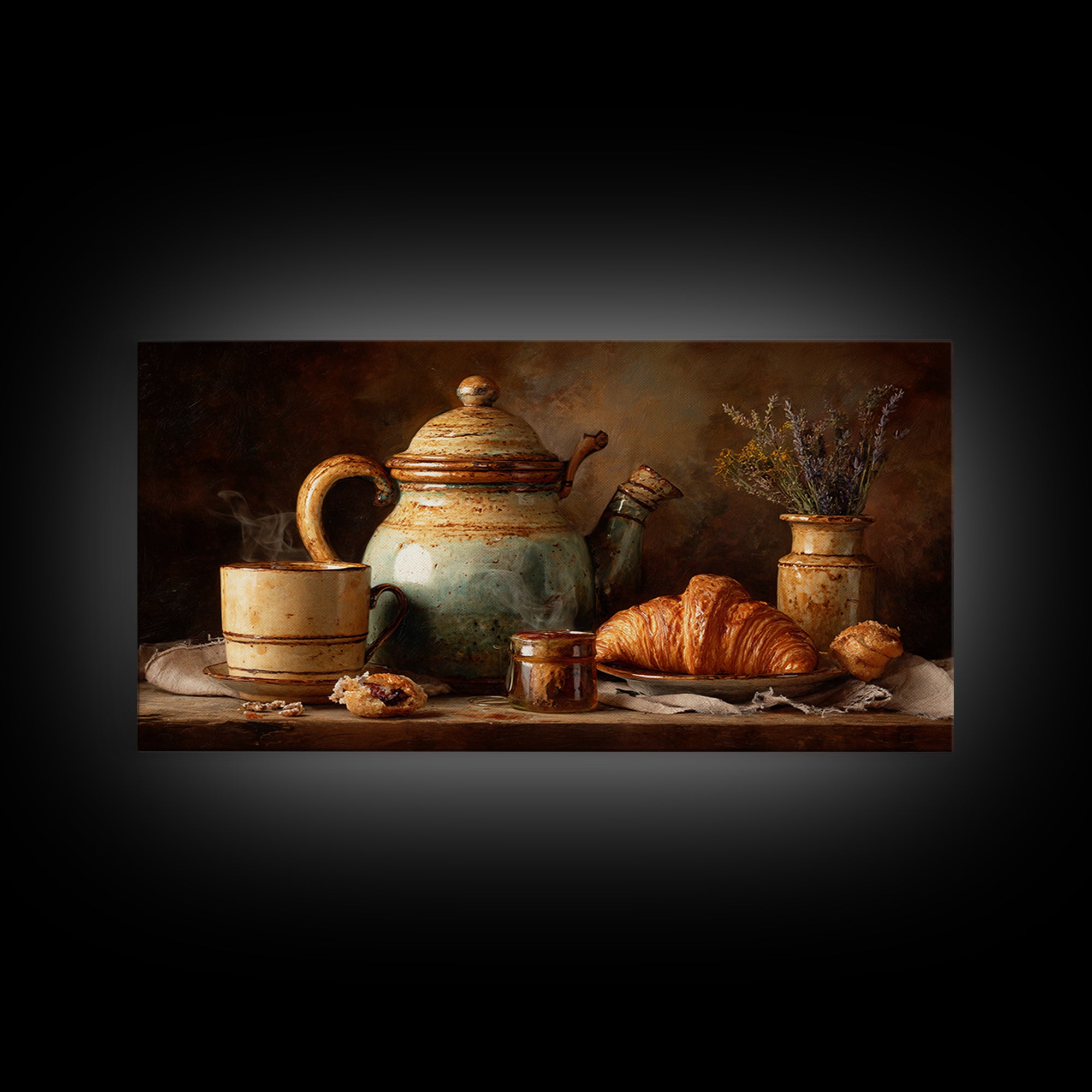 Coffee Pot and Croissant Morning Still Life Framed Canvas Print, Kitchen Art, Boho Decor, Kitchen Decor, Fine Art, Kitchen, KIT-2x1-75