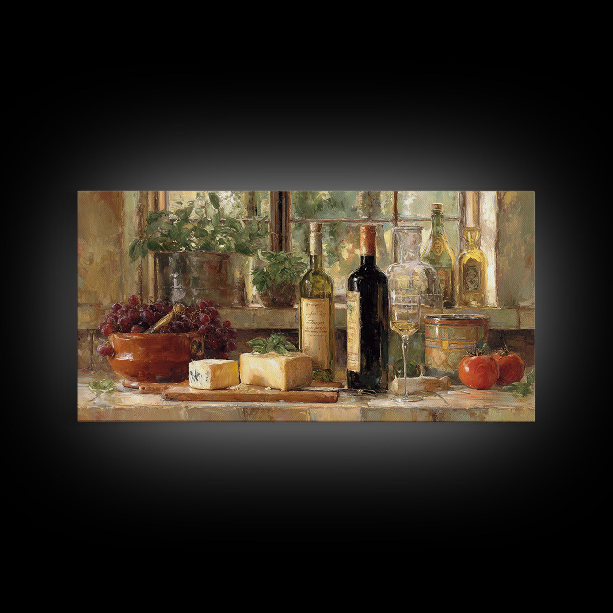 Wine Bottle Grapes and Cheese Still Life Framed Canvas Print, Kitchen Art, Kitchen Decor, Fine Art, Kitchen, Kitchen Art Print, KIT-2x1-80