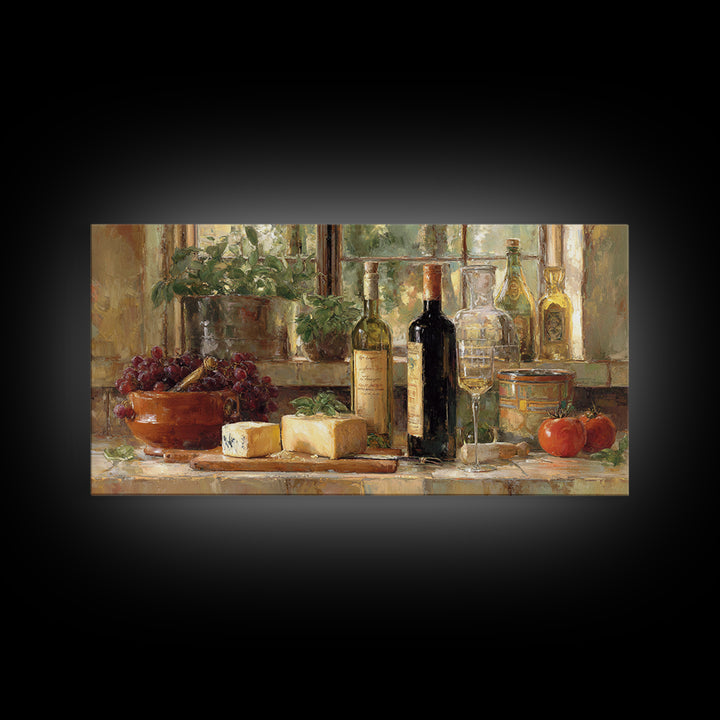 Wine Bottle Grapes and Cheese Still Life Framed Canvas Print, Kitchen Art, Kitchen Decor, Fine Art, Kitchen, Kitchen Art Print, KIT-2x1-80