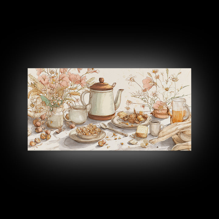 Tea Kettle with Steam and Wildflowers Canvas Print, Kitchen Art, Wall Art, Kitchen Decor, Watercolor Art, Kitchen, KIT-2x1-82