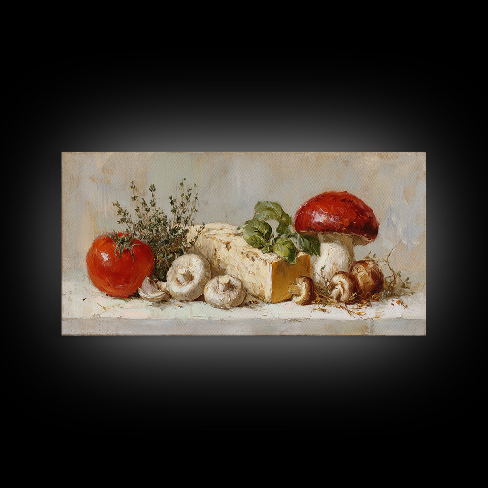 Mushrooms and Thyme Botanical Study Framed Canvas Print, Kitchen Art, Contemporary Art, Kitchen Decor, Oil Painting, Kitchen, KIT-2x1-83
