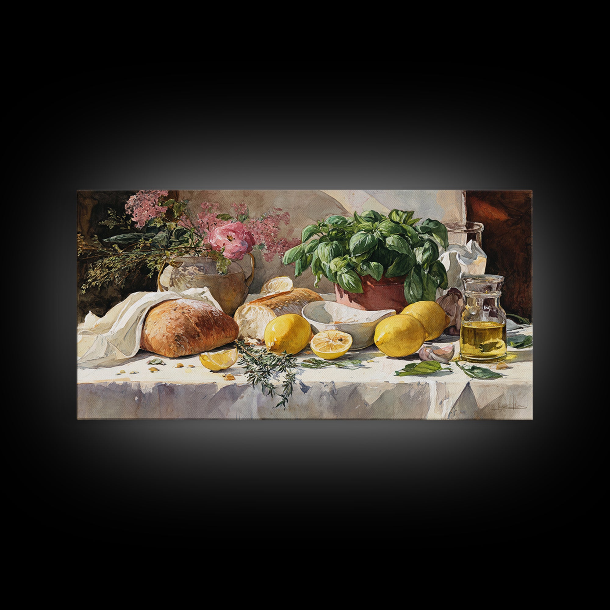 Pasta Lemons and Basil Mediterranean Still Life Framed Canvas Print, Kitchen Art, Digital Wall Art, Kitchen Decor, Kitchen, KIT-2x1-85