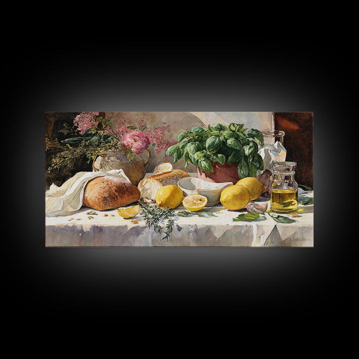 Pasta Lemons and Basil Mediterranean Still Life Framed Canvas Print, Kitchen Art, Digital Wall Art, Kitchen Decor, Kitchen, KIT-2x1-85