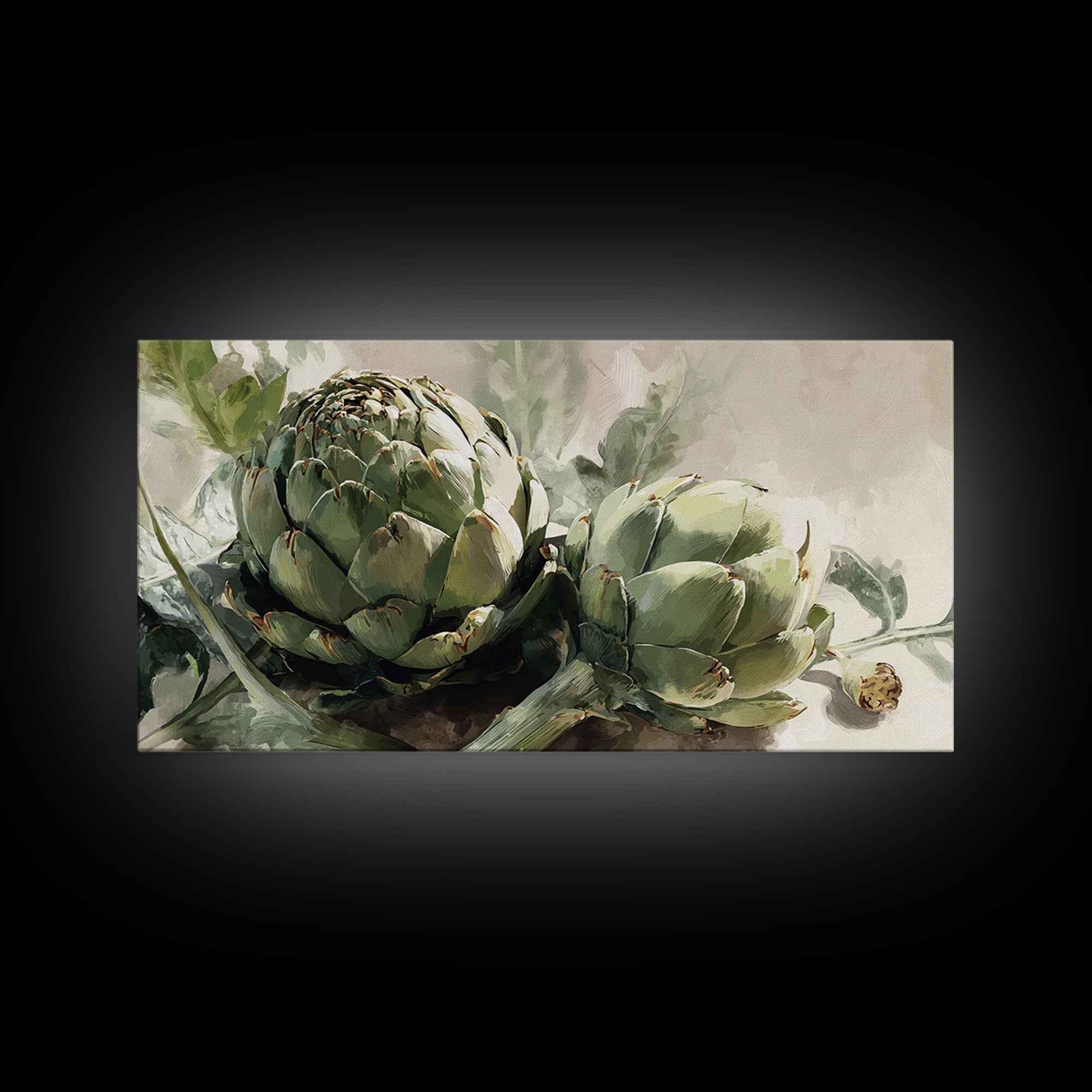 Artichoke Closeup in Painterly Green Tones Framed Canvas Print, Kitchen Art, Kitchen Wall Art, Kitchen Decor, Fine Art, Kitchen, KIT-2x1-88