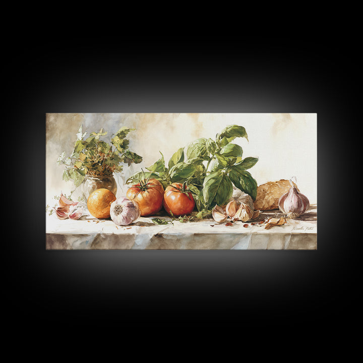 Tomatoes Garlic and Basil on Linen Framed Canvas Print, Kitchen Art, Kitchen Art Print, Kitchen Decor, Fine Art, Kitchen, KIT-2x1-95