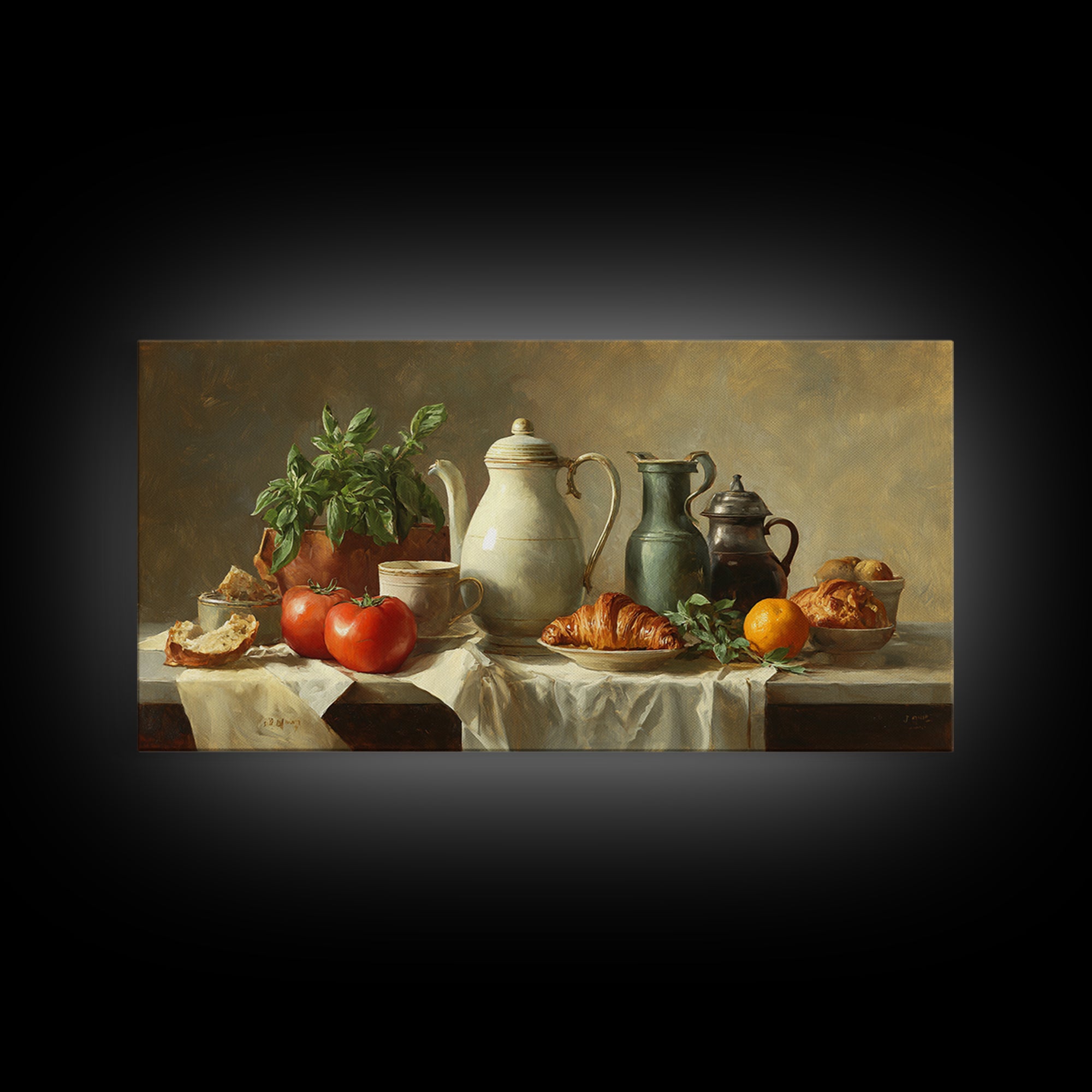Coffee Pot and Croissant Morning Still Life Framed Canvas Print, Kitchen Art, Printable Art, Kitchen Decor, Fine Art, Kitchen, KIT-2x1-99