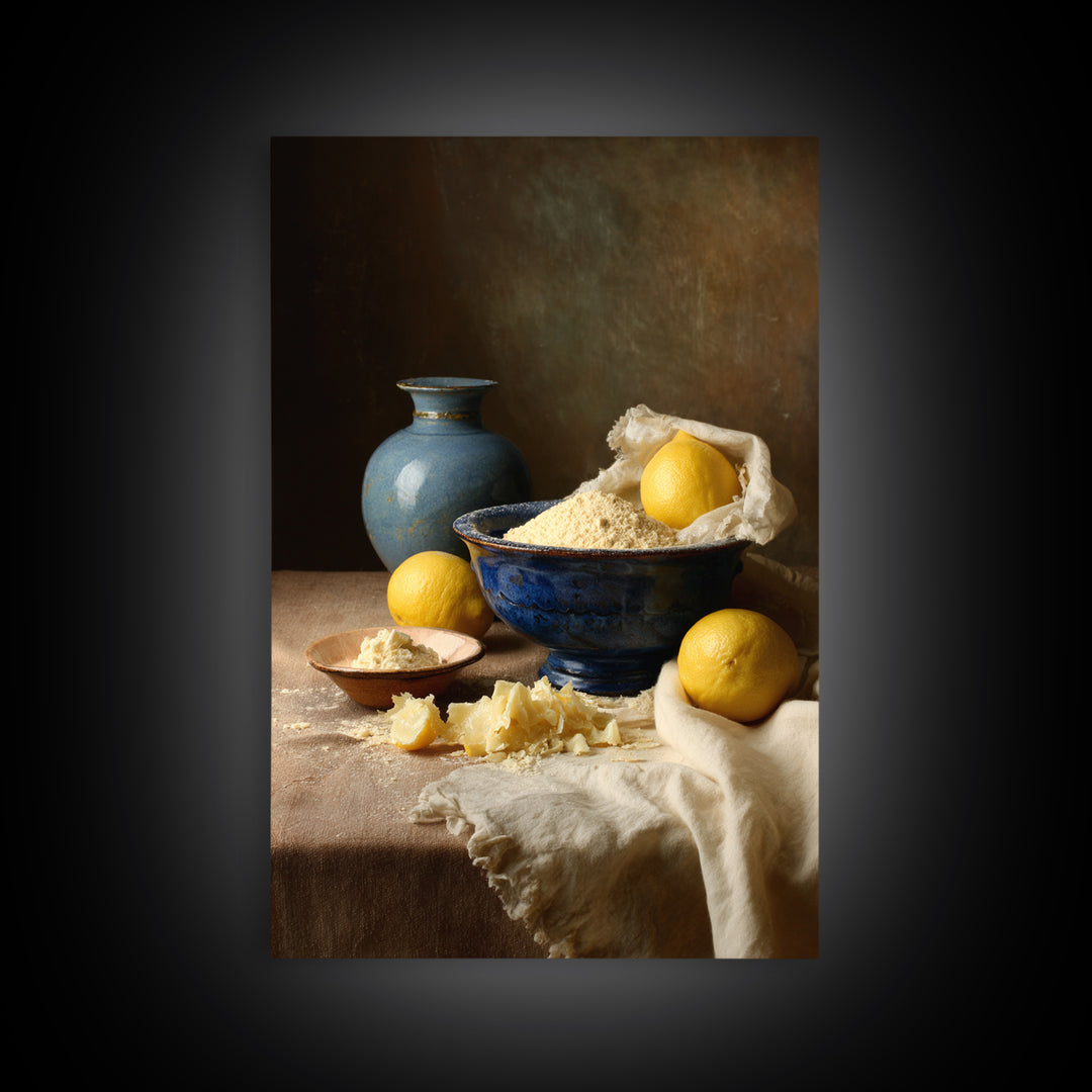 Lemons and Blue Ceramic Bowl Still Life Canvas Print, Kitchen Art, Luxury Decor, Kitchen Decor, Fine Art, Kitchen, Art Prints, KIT-2x3-10