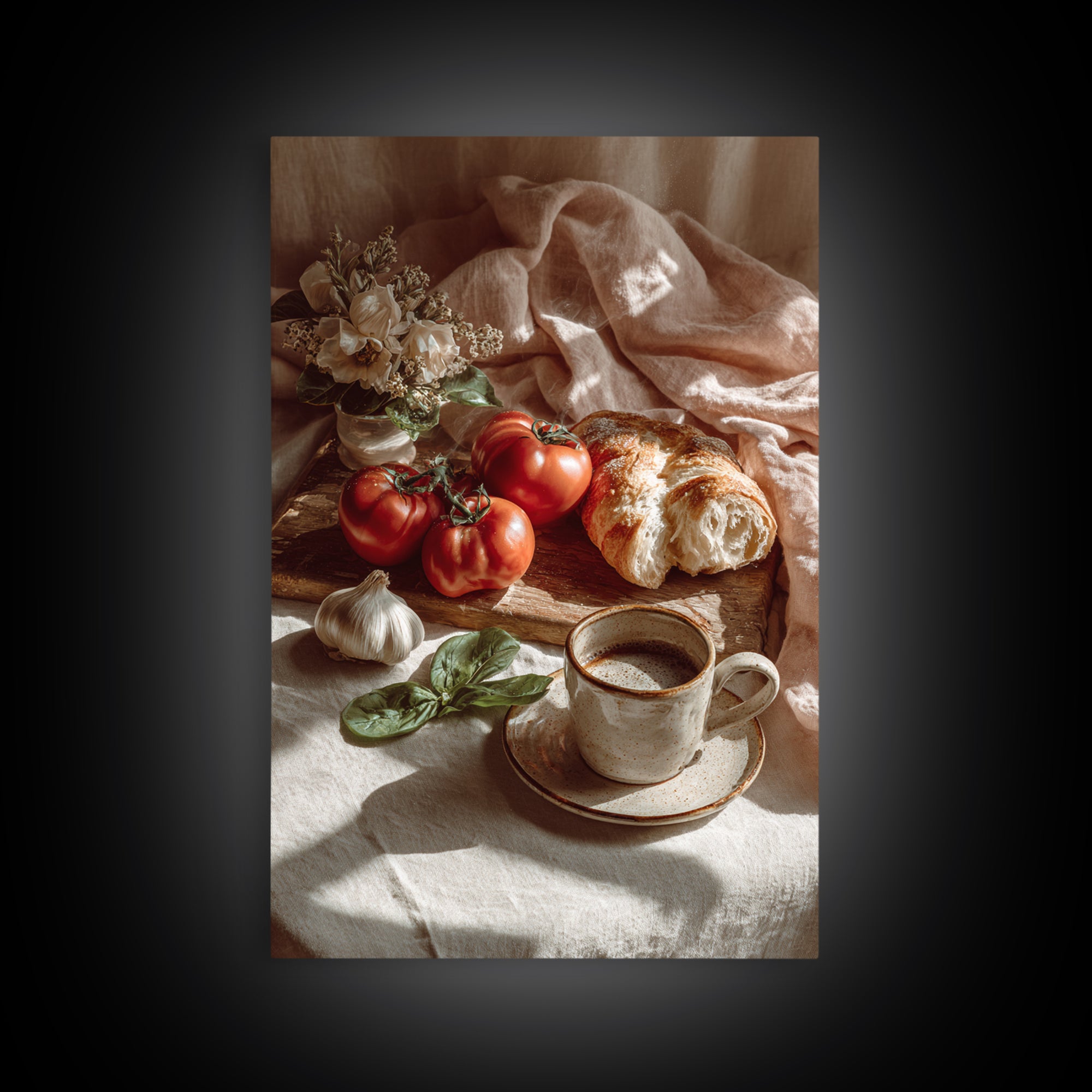 Tomatoes Garlic and Basil on Linen Canvas Print, Kitchen Art, Bar Cart Decor, Kitchen Decor, Kitchen, Minimalist Decor, KIT-2x3-11