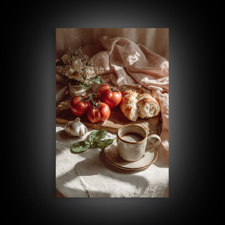 Tomatoes Garlic and Basil on Linen Canvas Print, Kitchen Art, Bar Cart Decor, Kitchen Decor, Kitchen, Minimalist Decor, KIT-2x3-11