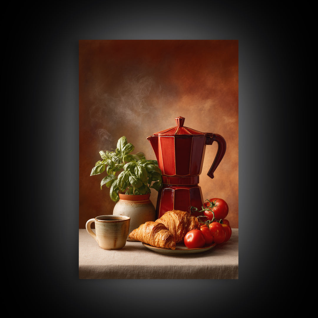 Coffee Pot and Croissant Morning Still Life Canvas Print, Kitchen Art, Gallery Decor, Kitchen Decor, Fine Art, Kitchen, KIT-2x3-15