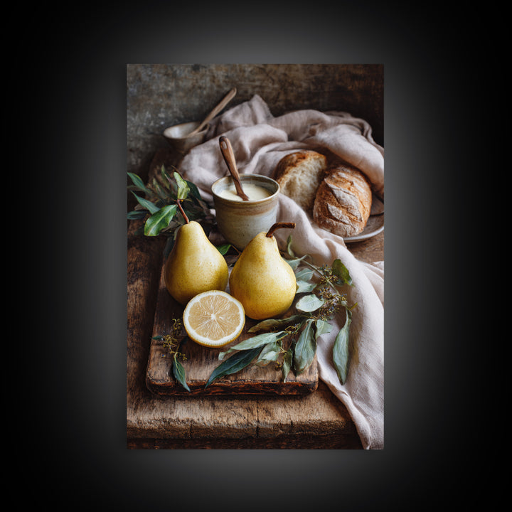 Farmhouse Pears on a Wooden Board Framed Canvas Print, Kitchen Art, Wall Decor, Kitchen Decor, Abstract Art, Kitchen, KIT-2x3-17