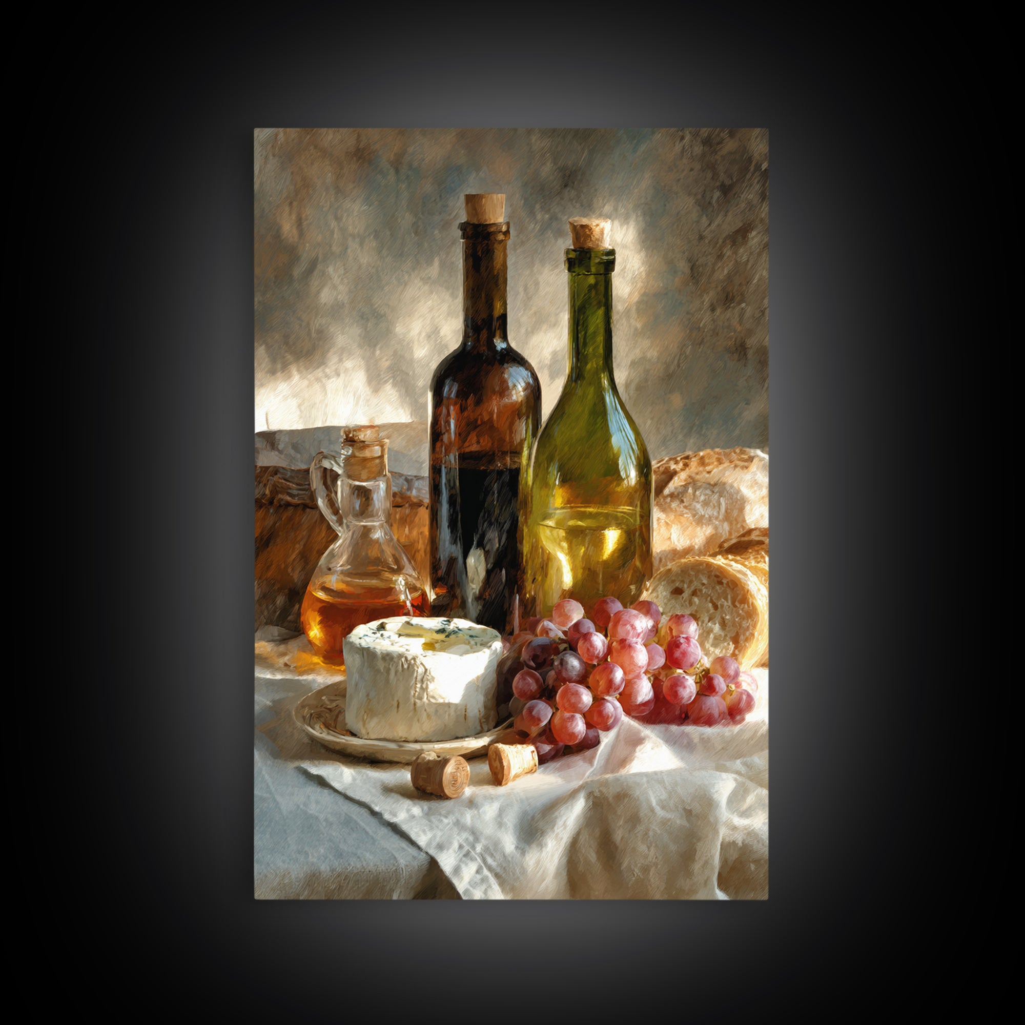 Wine Bottle Grapes and Cheese Still Life Framed Canvas Print, Kitchen Art, Print, Kitchen Decor, Oil Painting, Kitchen, KIT-2x3-20