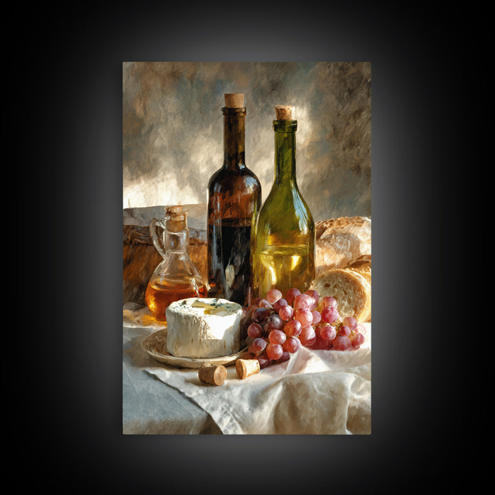 Wine Bottle Grapes and Cheese Still Life Framed Canvas Print, Kitchen Art, Print, Kitchen Decor, Oil Painting, Kitchen, KIT-2x3-20