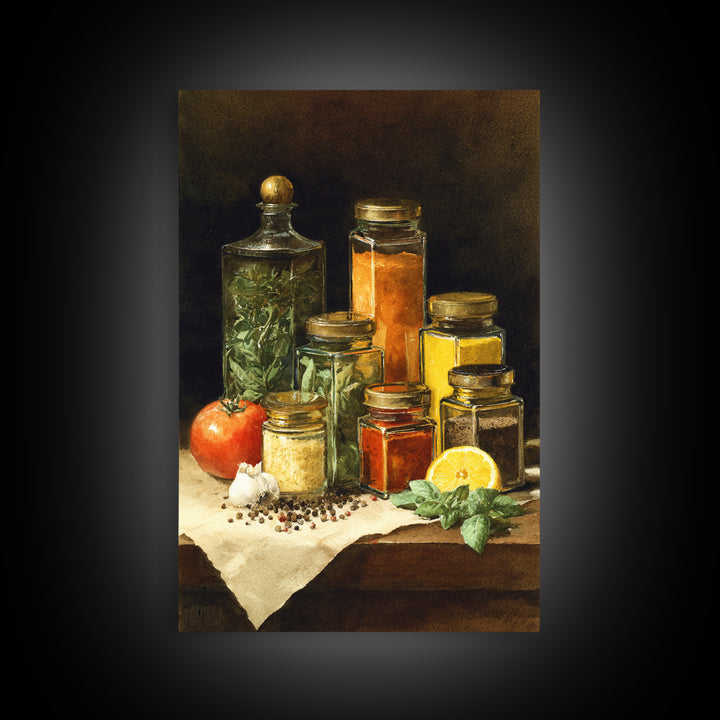 Watercolor Spice Jars Without Readable Labels Framed Canvas Print, Kitchen Art, Kitchen Decor, Oil Painting, Kitchen, KIT-2x3-21