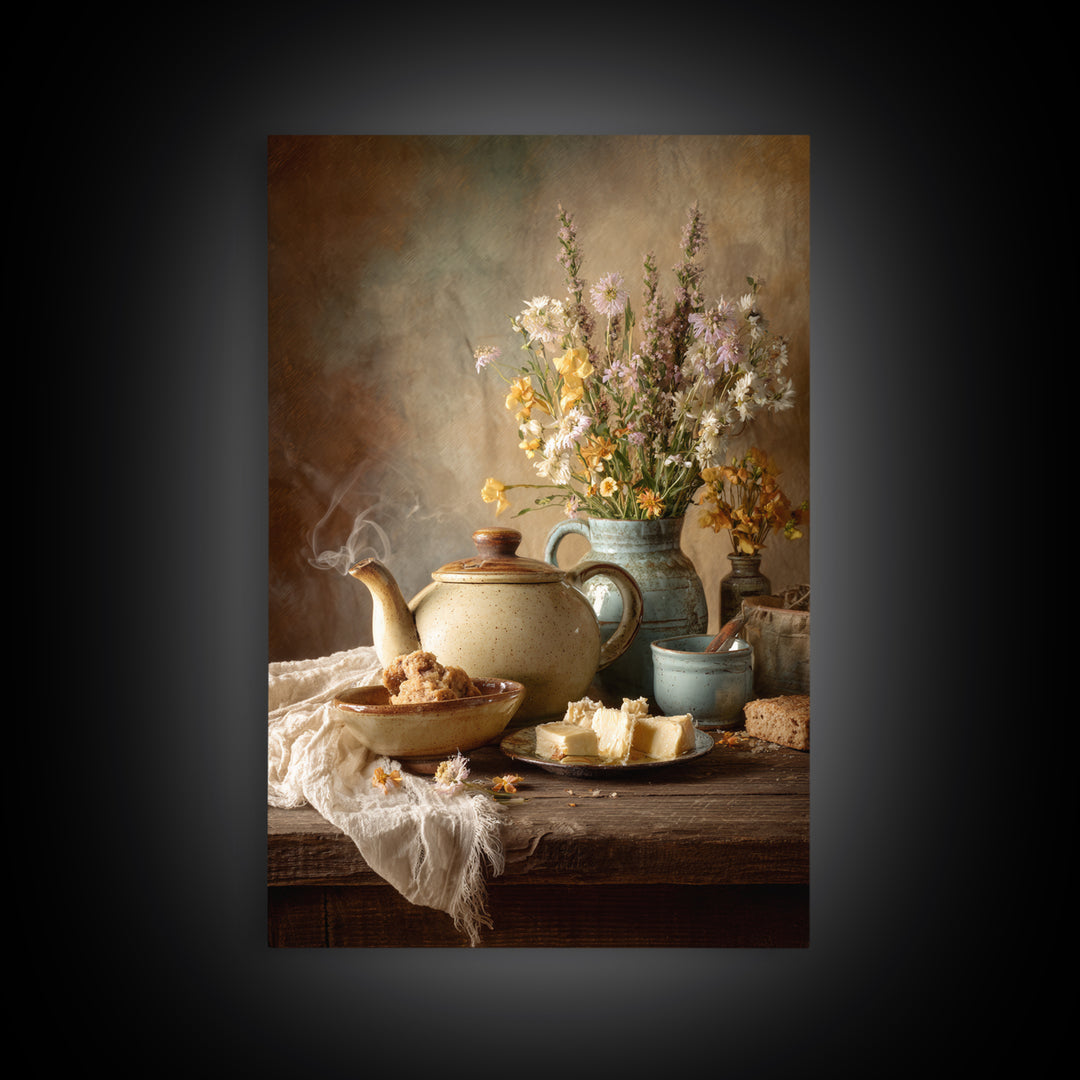 Tea Kettle with Steam and Wildflowers Framed Canvas Print, Kitchen Art, Textured Painting, Kitchen Decor, Fine Art, Kitchen, KIT-2x3-22