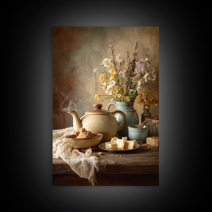 Tea Kettle with Steam and Wildflowers Framed Canvas Print, Kitchen Art, Textured Painting, Kitchen Decor, Fine Art, Kitchen, KIT-2x3-22