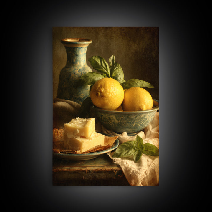 Pasta Lemons and Basil Mediterranean Still Life Framed Canvas Print, Kitchen Art, Wall Art, Kitchen Decor, Fine Art, Kitchen, KIT-2x3-25