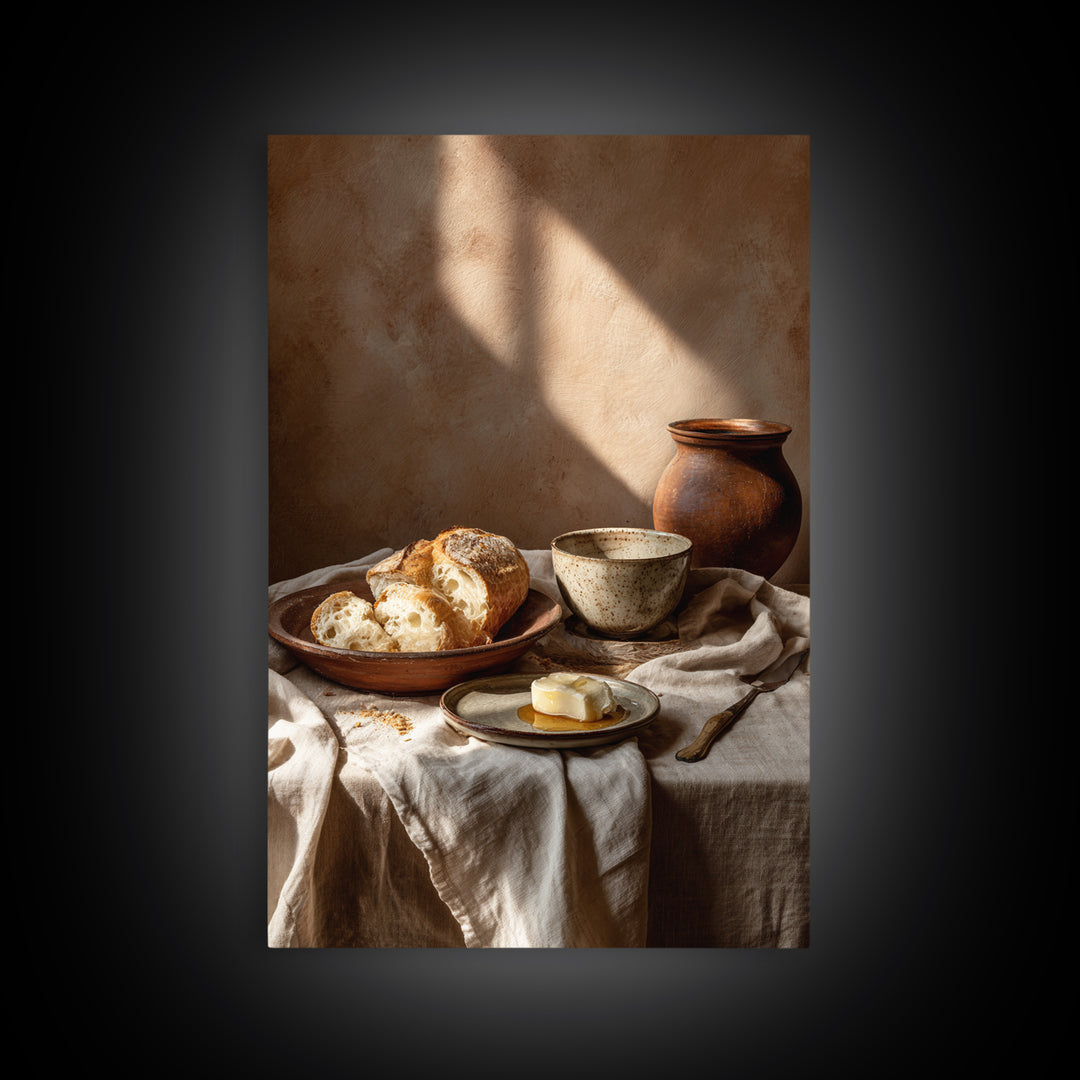 Fresh Bread with Butter and Honey Framed Canvas Print, Kitchen Art, Boho Decor, Kitchen Decor, Abstract Art, Kitchen, KIT-2x3-26
