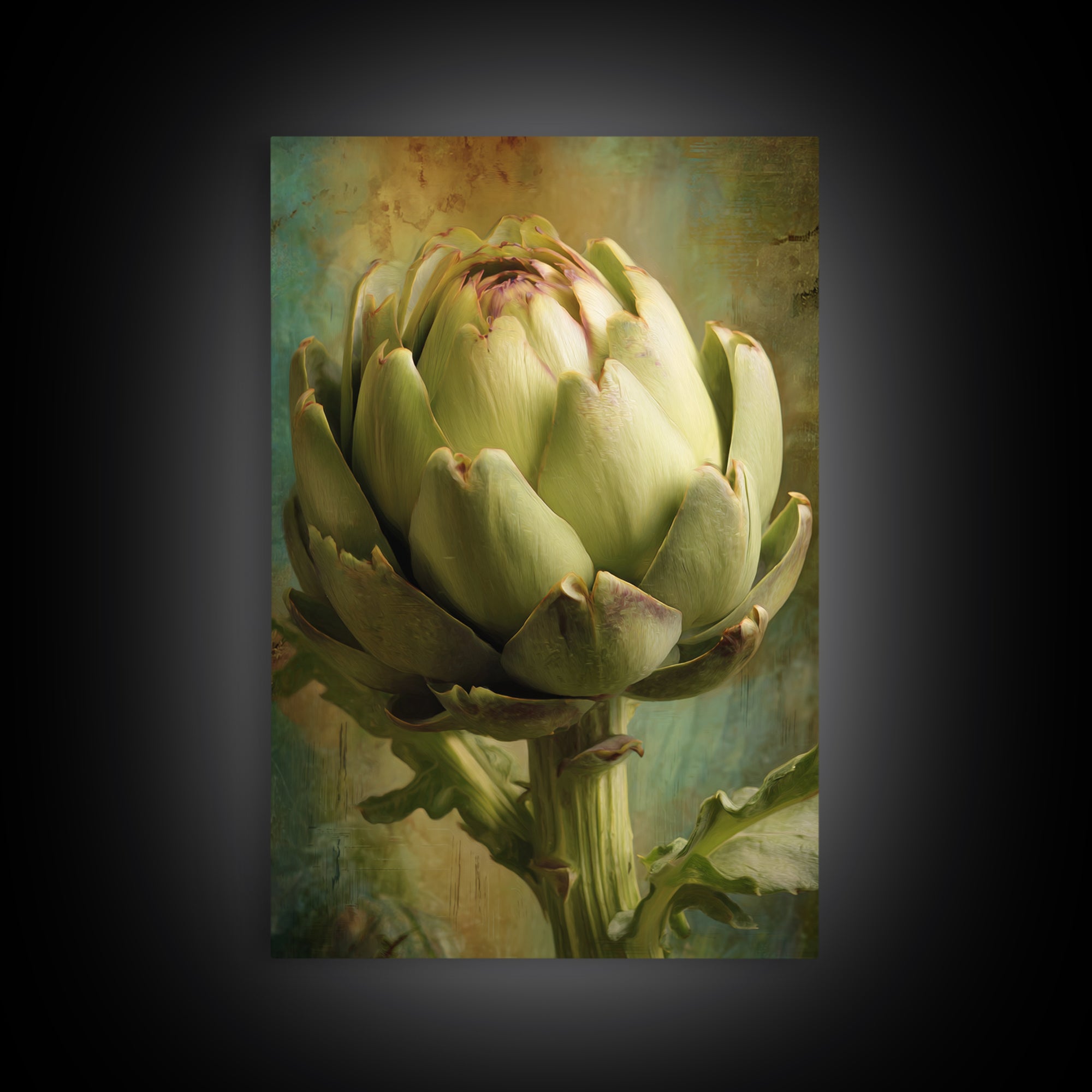 Artichoke Closeup in Painterly Green Tones Framed Canvas Print, Kitchen Art, Digital Print, Kitchen Decor, Fine Art, Kitchen, KIT-2x3-28