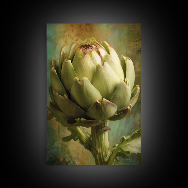 Artichoke Closeup in Painterly Green Tones Framed Canvas Print, Kitchen Art, Digital Print, Kitchen Decor, Fine Art, Kitchen, KIT-2x3-28