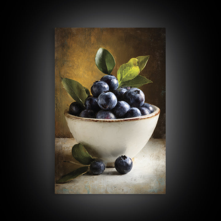 Blueberries in a White Bowl Framed Canvas Print, Kitchen Art, Coffee Print, Kitchen Decor, Fine Art, Kitchen, Textured Painting, KIT-2x3-3