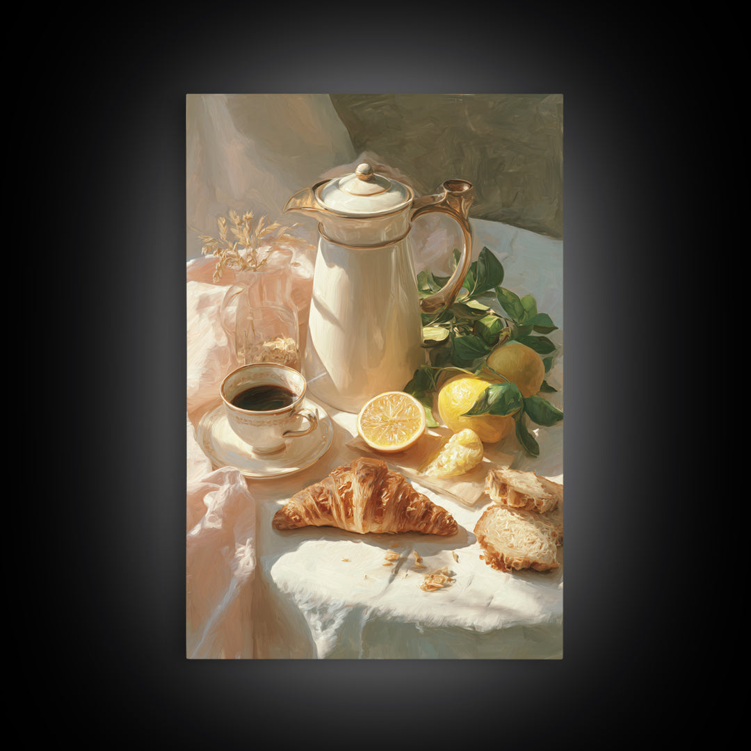 Coffee Pot and Croissant Morning Still Life Canvas Print, Kitchen Art, Minimalist Decor, Kitchen Decor, Fine Art, Kitchen, KIT-2x3-39