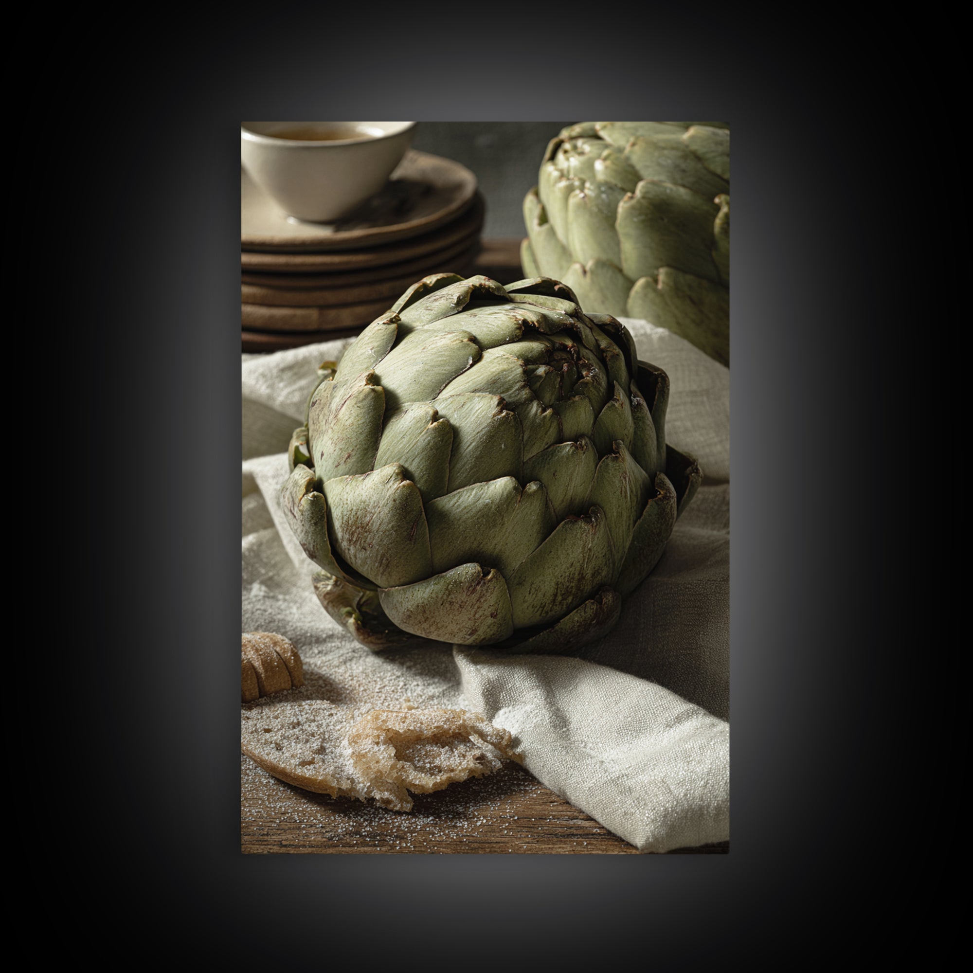 Artichoke Closeup in Painterly Green Tones Framed Canvas Print, Kitchen Art, Statement Artwork, Kitchen Decor, Kitchen, KIT-2x3-4