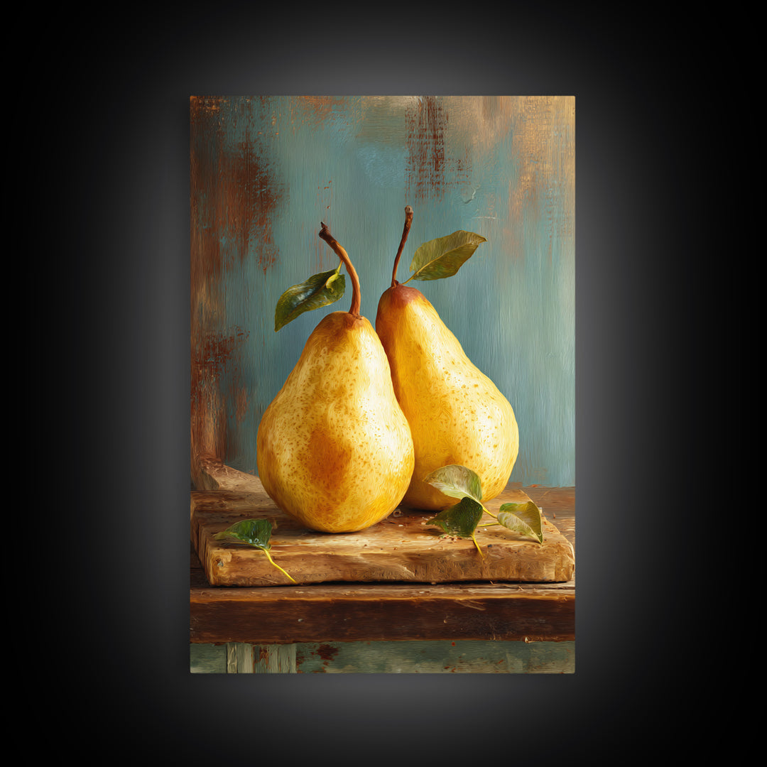 Farmhouse Pears on a Wooden Board Framed Canvas Print, Kitchen Art, Wall Decor, Kitchen Decor, Abstract Art, Kitchen, KIT-2x3-41