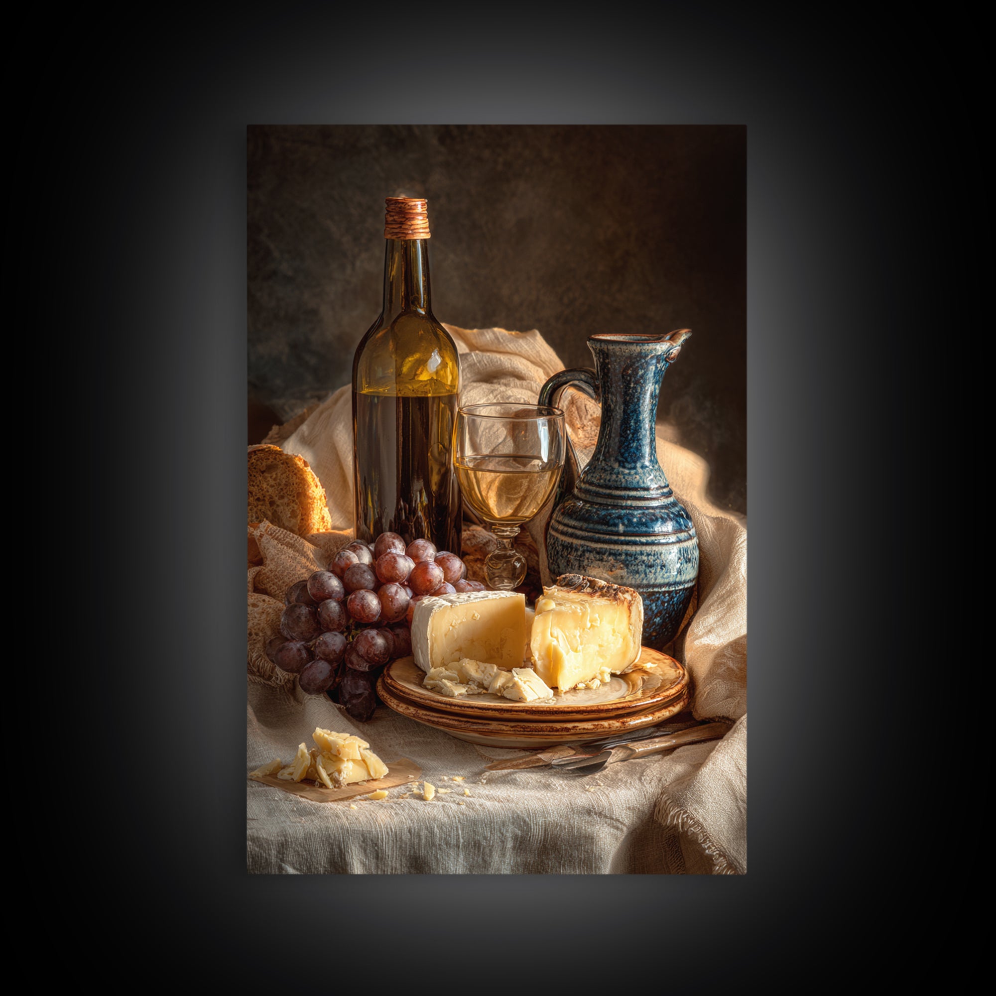Wine Bottle Grapes and Cheese Still Life Framed Canvas Print, Kitchen Art, Kitchen Art Print, Kitchen Decor, Watercolor Art, KIT-2x3-44