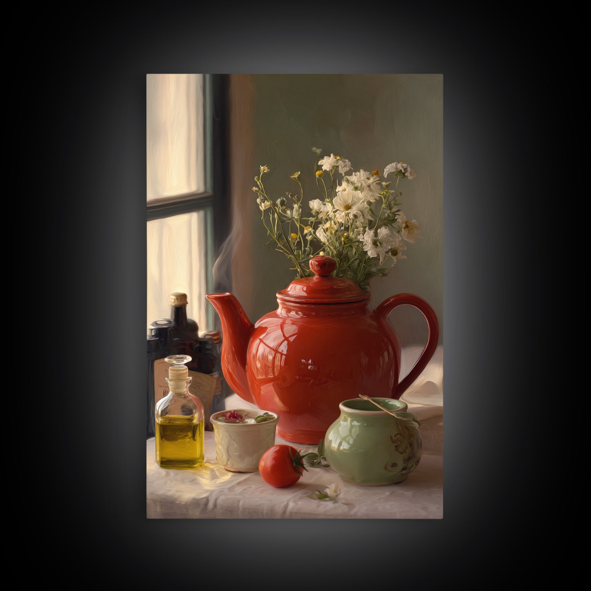 Tea Kettle with Steam and Wildflowers Framed Canvas Print, Kitchen Art, Textured Painting, Kitchen Decor, Fine Art, Kitchen, KIT-2x3-46