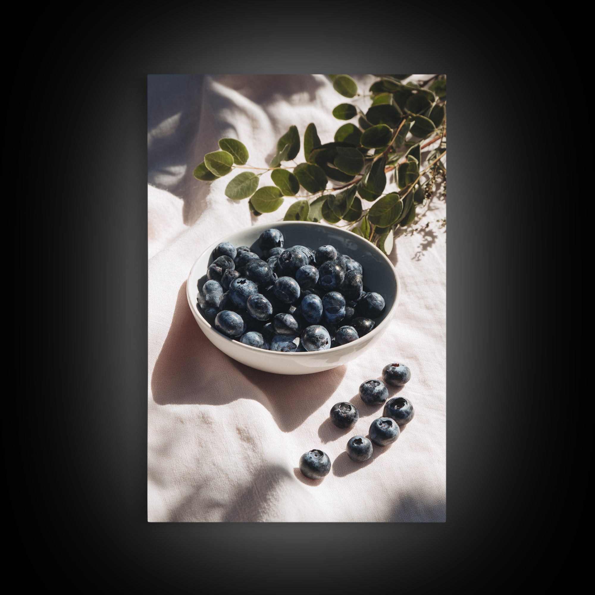 Blueberries in a White Bowl Framed Canvas Print, Kitchen Art, Room Decor, Kitchen Decor, Oil Painting, Kitchen, Digital Art, KIT-2x3-51