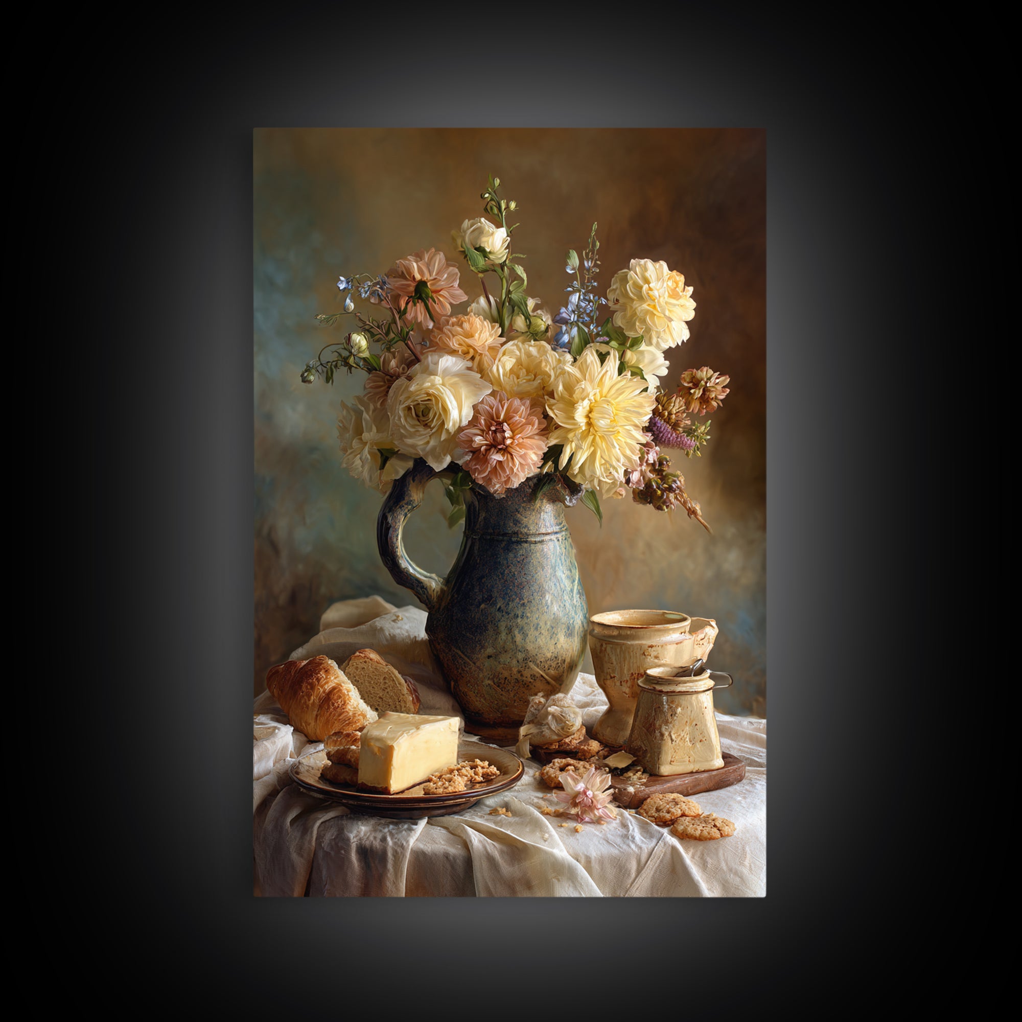 Floral Bouquet in a Kitchen Pitcher Framed Canvas Print, Kitchen Art, Neutral Decor, Kitchen Decor, Fine Art, Kitchen, KIT-2x3-56