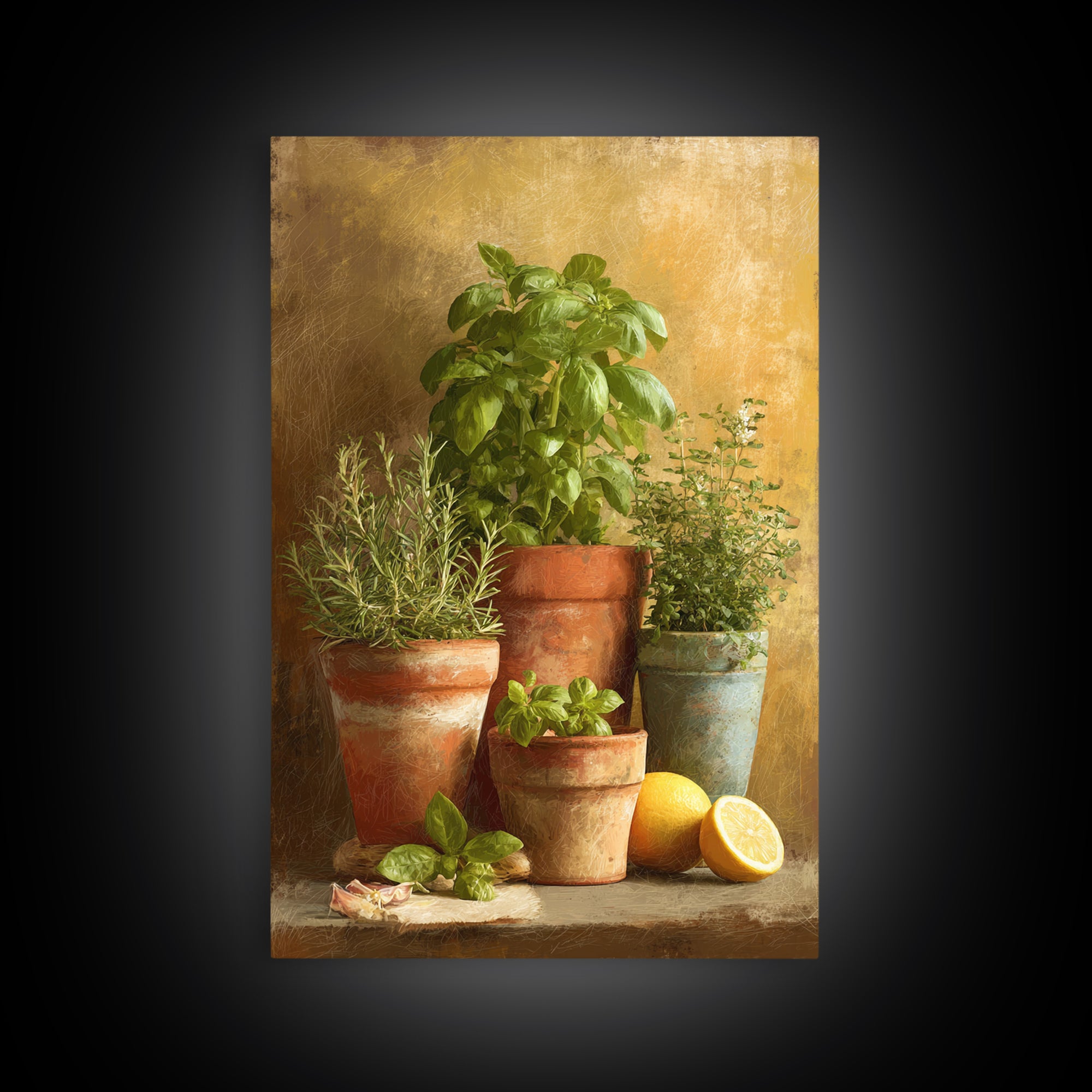Fresh Herbs in Terracotta Pots Canvas Print, Kitchen Art, Digital Print, Kitchen Decor, Oil Painting, Kitchen, Kitchen Print, KIT-2x3-57