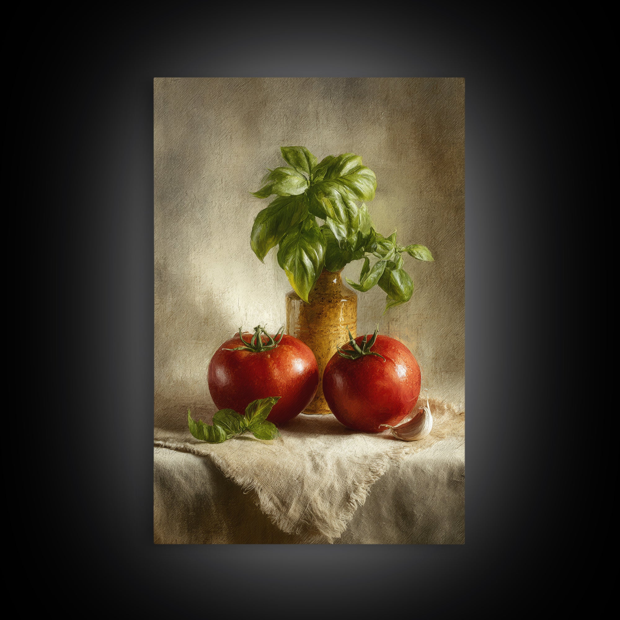 Tomatoes Garlic and Basil on Linen Framed Canvas Print, Kitchen Art, Kitchen, Kitchen Decor, Abstract Art, Kitchen, KIT-2x3-59
