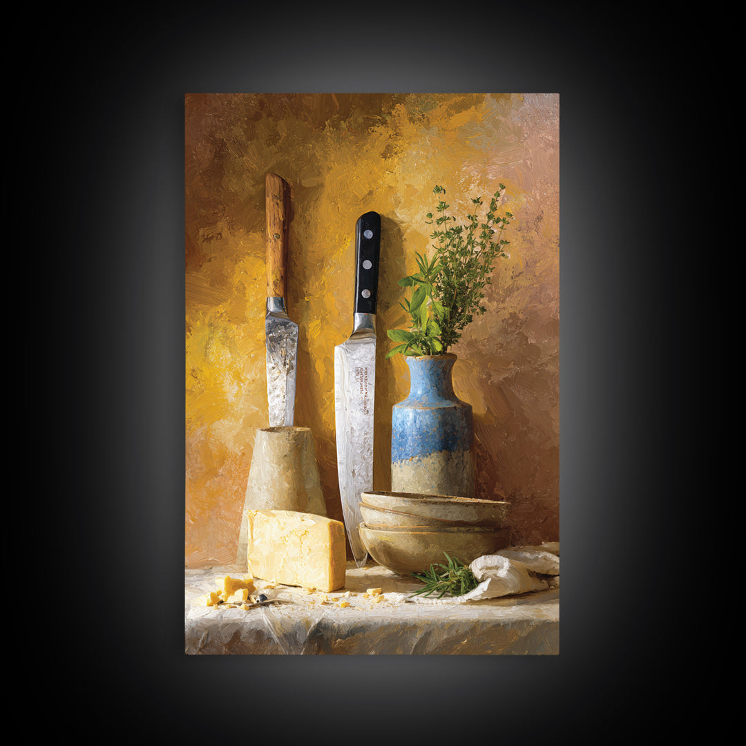 Chef Knives and Herbs Arranged as Graphic Canvas Print, Kitchen Art, Home Decor, Kitchen Decor, Oil Painting, Kitchen, KIT-2x3-66